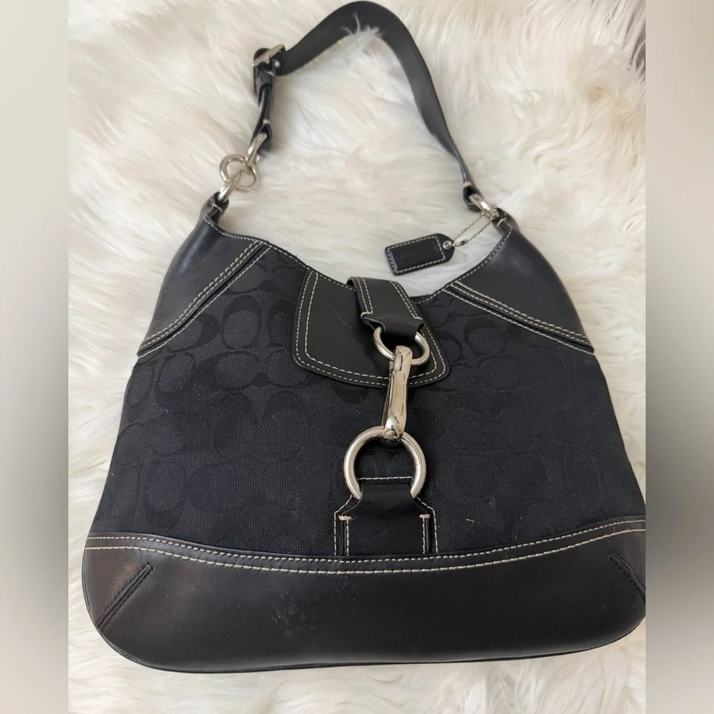 Coach Signature Black Leather Fabric Shoulder Hobo Bag #10242